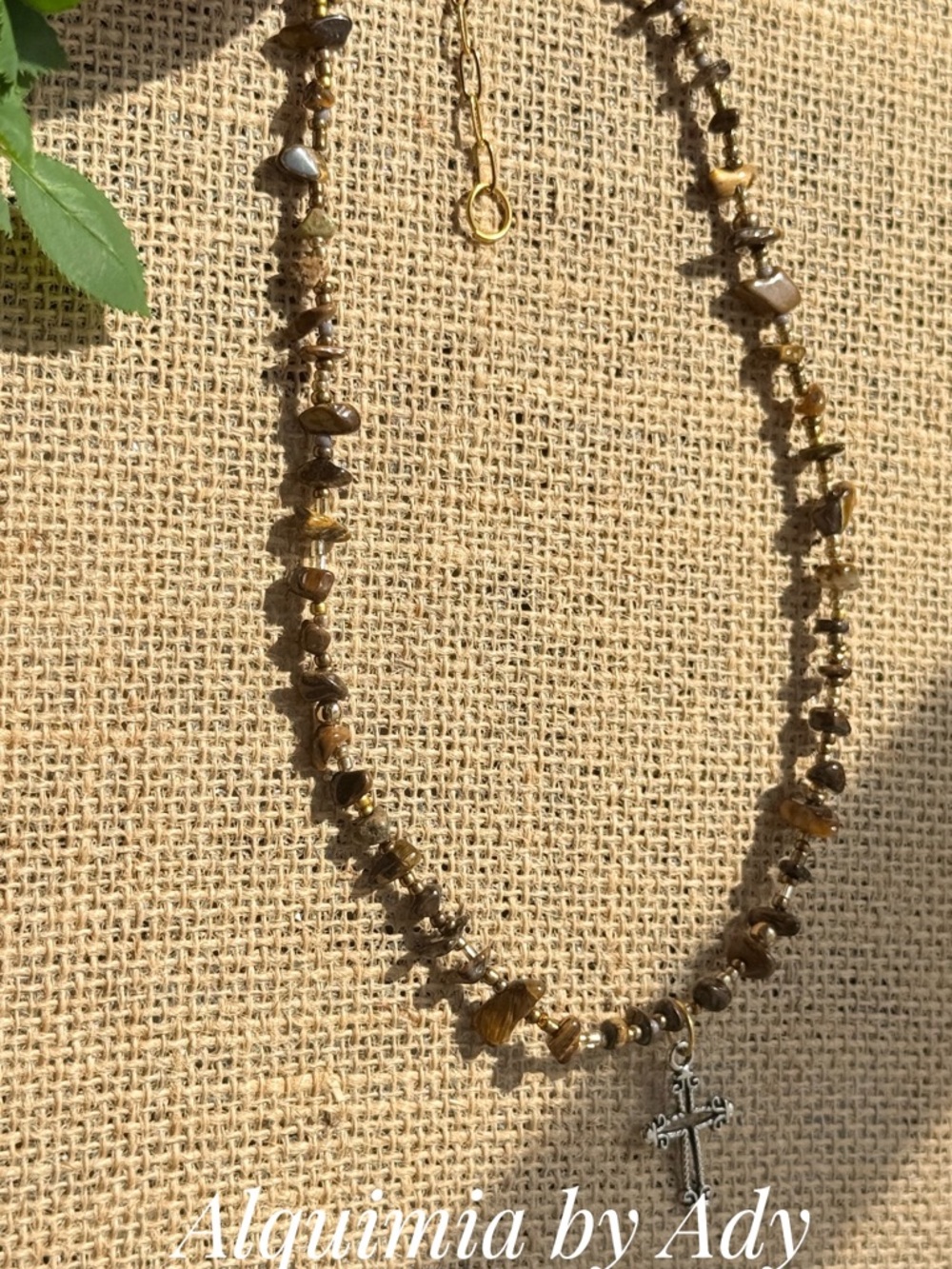Tiger's eye chips beaded choker silver cross necklace